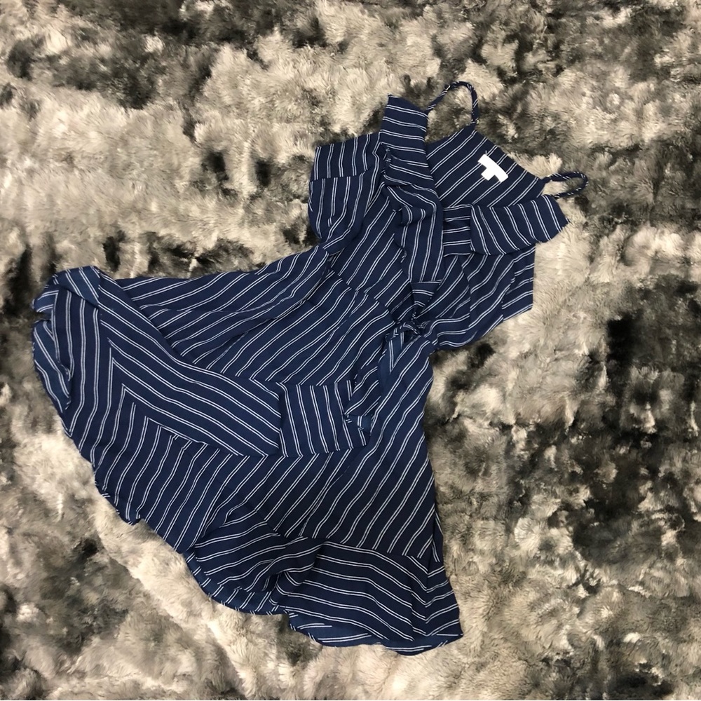 NAVY BLUE WHITE STRIPES SPAGHETTI STRAP WRAPPED BUSINESS CASUAL RUFFLE DRESS